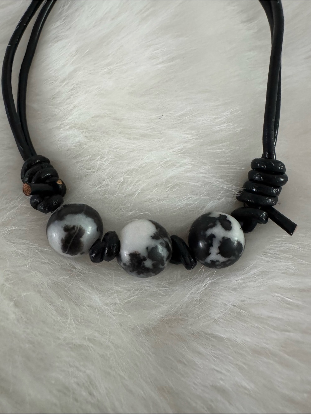 Black and White Beaded Leather Cord Bracelet-Adjustable